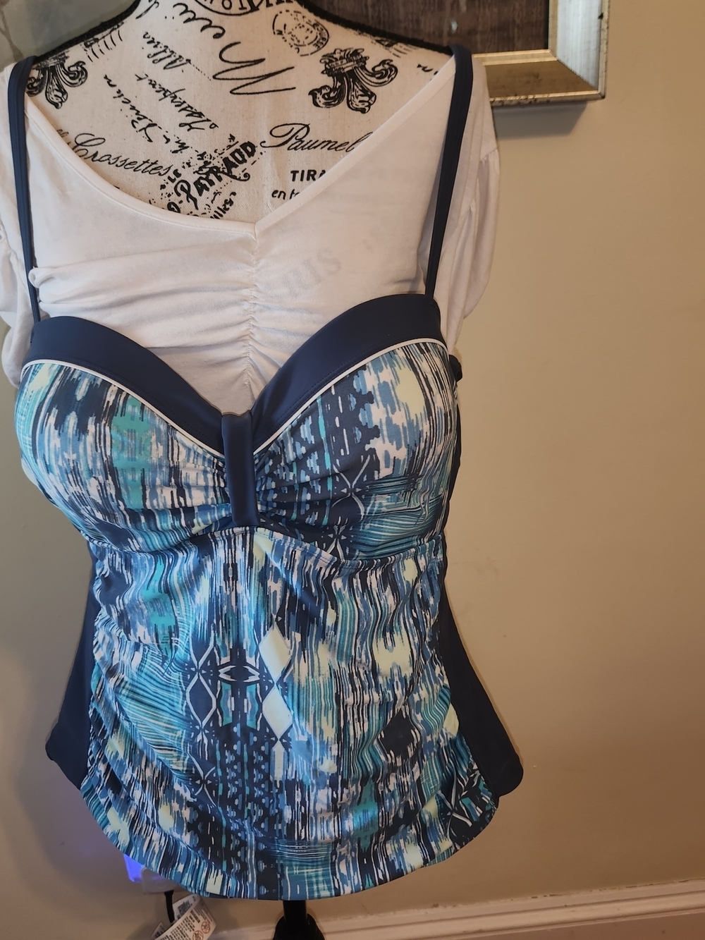FREE COUNTRY Women's Oasis Bandeaux Tankini Top GRAY BLUE XL